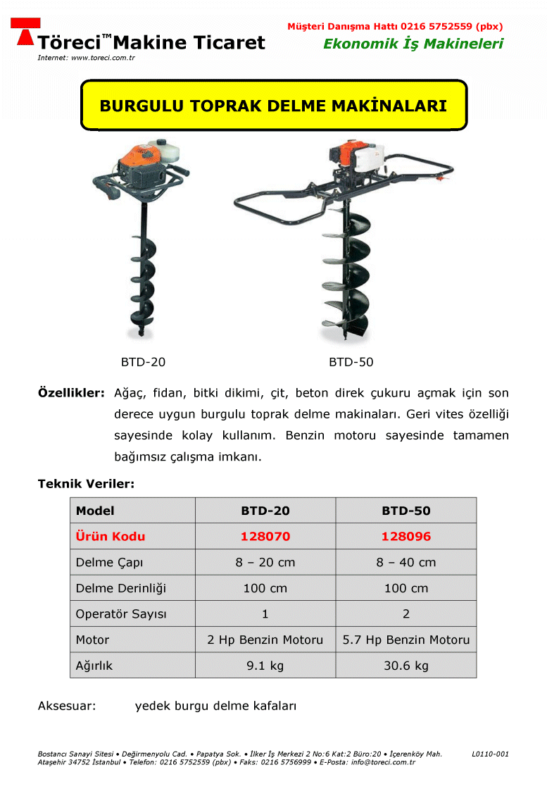 20 cm ve 40 cm delme çap ve 1 metre delme derinlik kapasiteli benzin motorlu burgulu delme makinası.