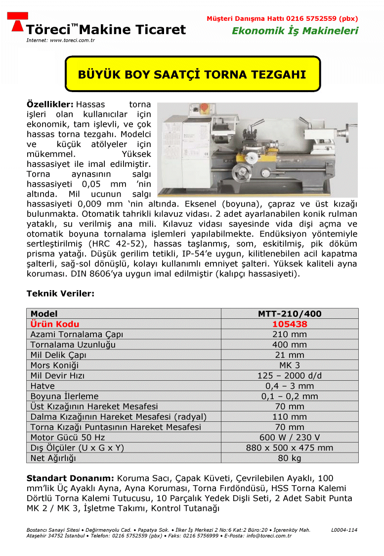 210 mm tornalama çap lı ve 400 mm tornama uzunluklu büyük boy saatçi torna tezgahı.