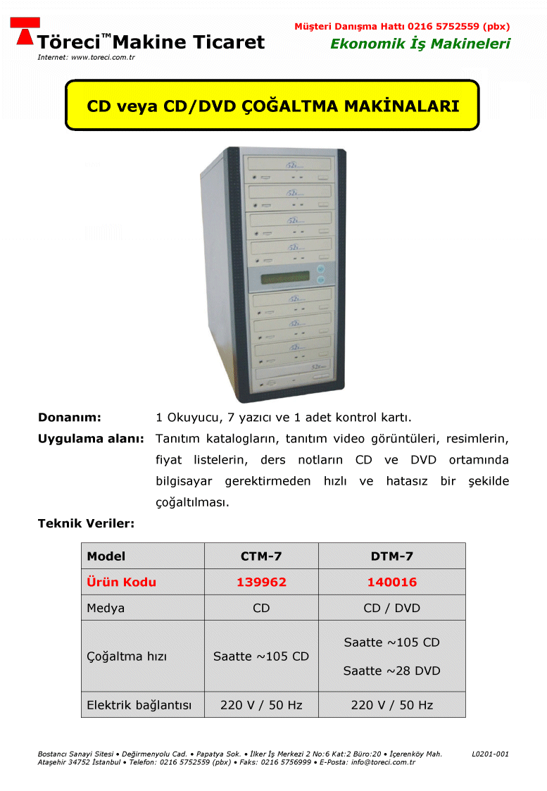 CD ve DVD Çoğaltma Makinası Saatte azami 105 CD veya 44 DVD kopyalama kapasiteli CD ve DVD çoğaltma makinası.