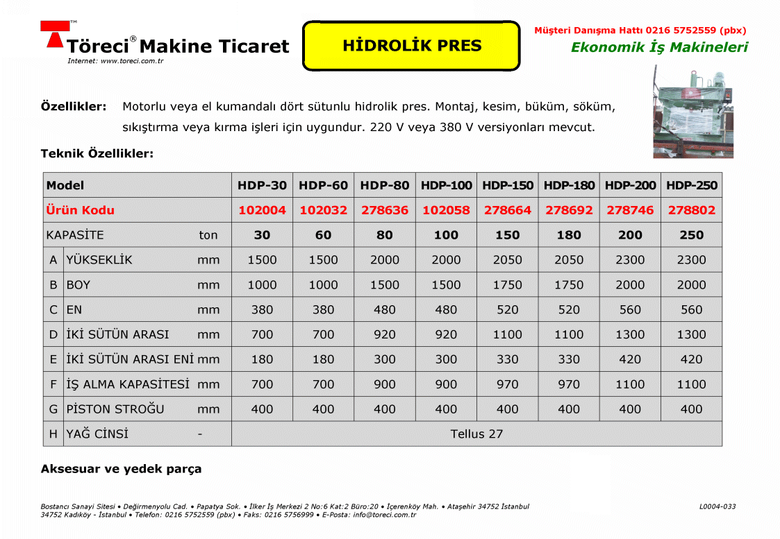 15 - 250 ton arası basma kapasiteli atölye tipi hidrolik pres.