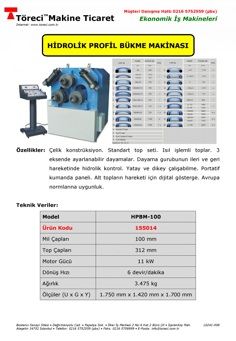 80 x 80 x 6 mm kare profil bükme kapasiteli 11 kW motorlu hidrolik profil bükme makinası.