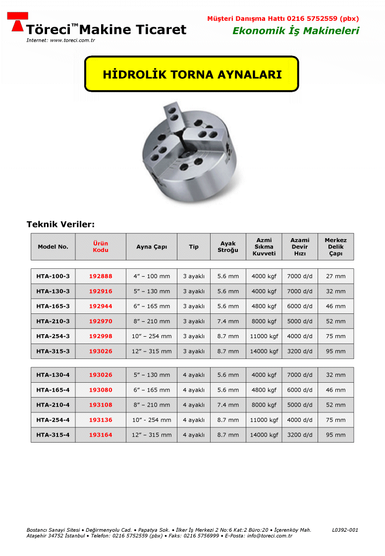 100 - 305 mm çap lı 3 veya 4 ayaklı hidrolik torna aynası.