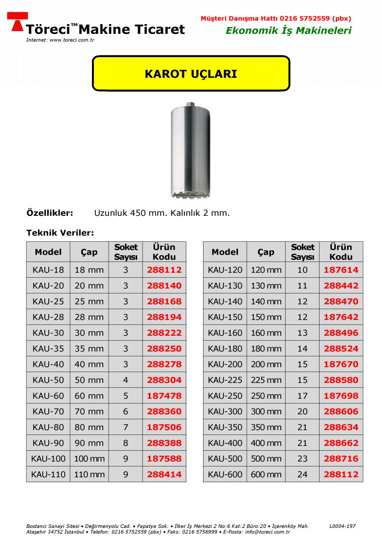 18 - 600 mm delme kapasiteli ve 450 mm uzunluklu elektrikli ve benzinli karot makinaları için karot ucu.