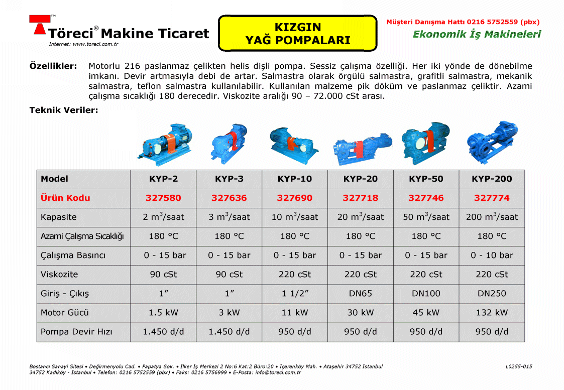 2 - 200 m3/saat kapasiteli kızgın yağlar için uygun pompalar.