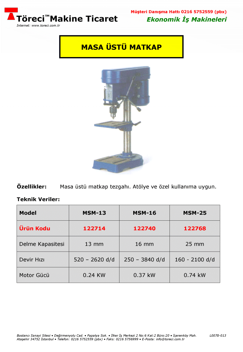 13, 16 ve 25 mm delme kapasiteli masaüstü matkap tezgahı.