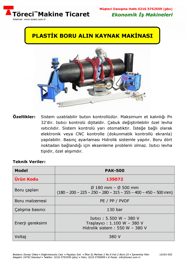 Plastik Boru Alın Kaynak Makinası (500 mm) 180 - 500 mm arası çap lı plastik boru alın kaynağı için uygun plastik boru fizyon alın kaynak makinası.