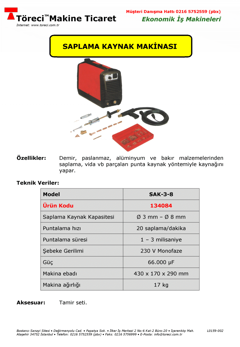 20 saplama/dakika kaynak kapasiteli 3 - 8 mm çapında saplamalar için uygun saplama kaynak makinası.