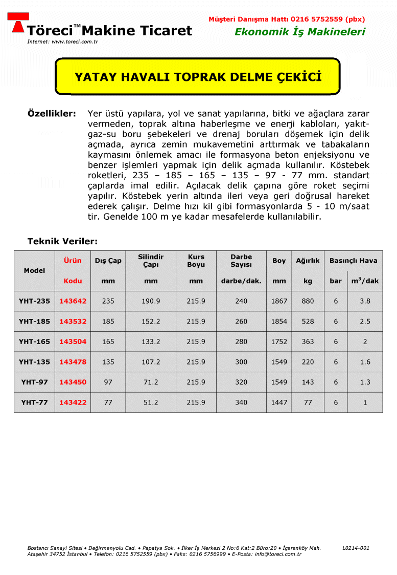 Yatay Havalı Toprak Delme Çekiçi 77 - 235 mm delme çap lı yatay havalı köstebek.