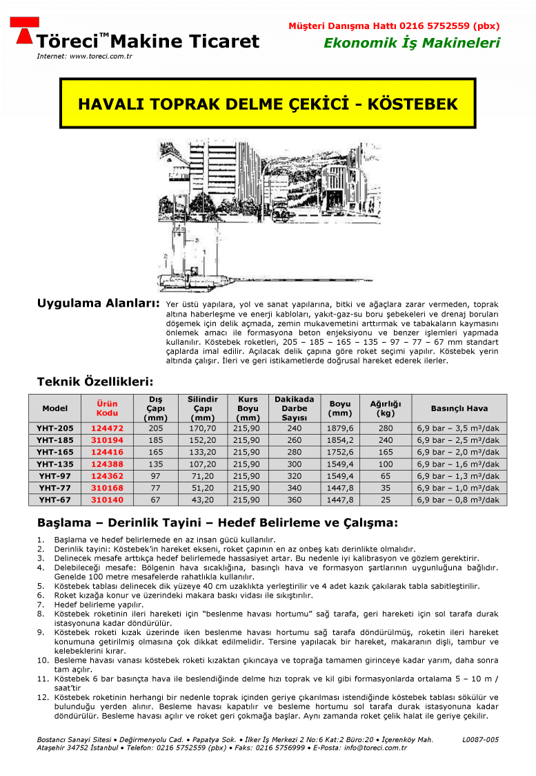 67 - 205 mm çap lı yatay havalı toprak delme çekiçi (köstebek).